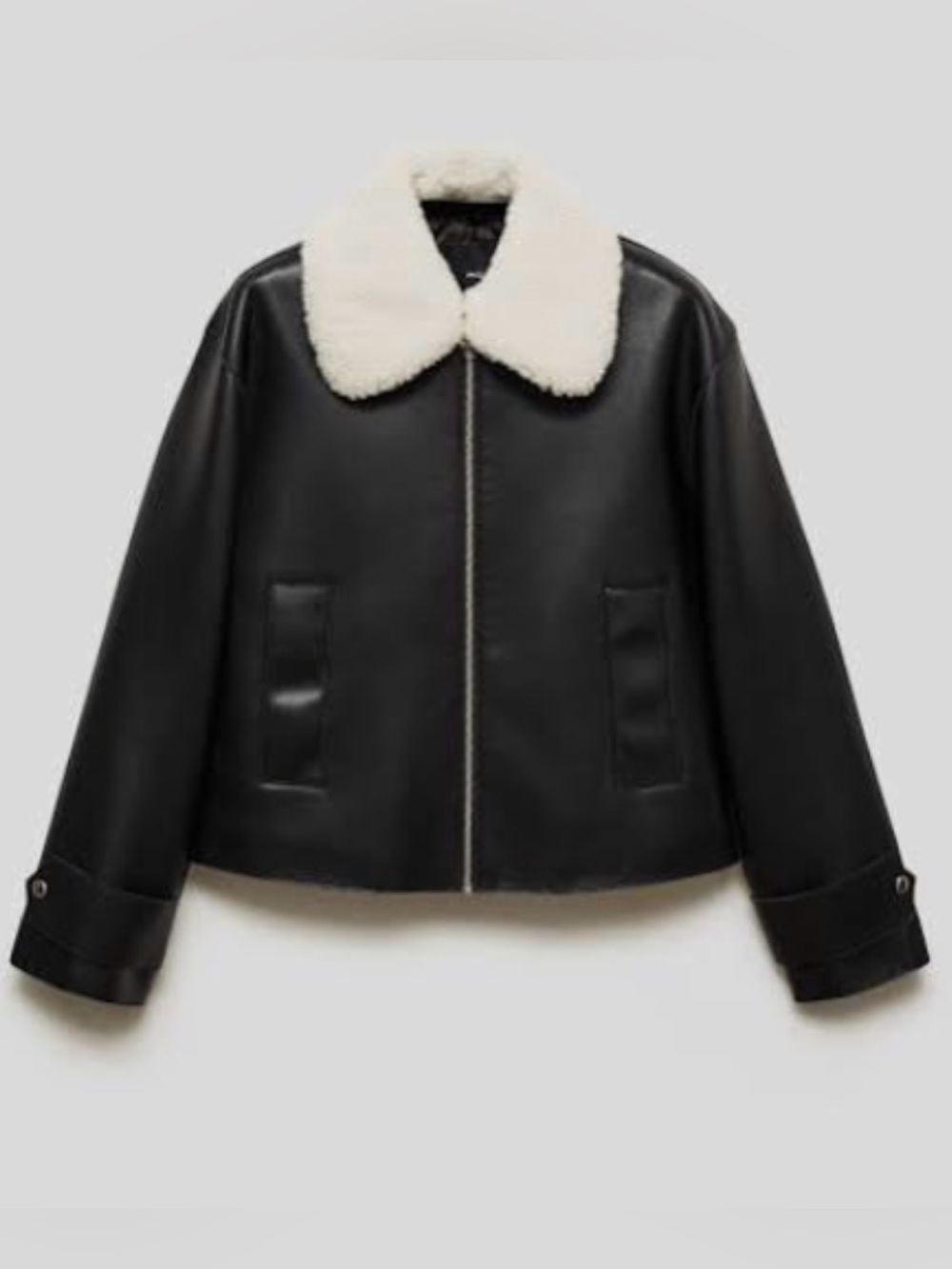 Women’s Mango Black Faux Leather Jacket with Cream Sherpa Collar